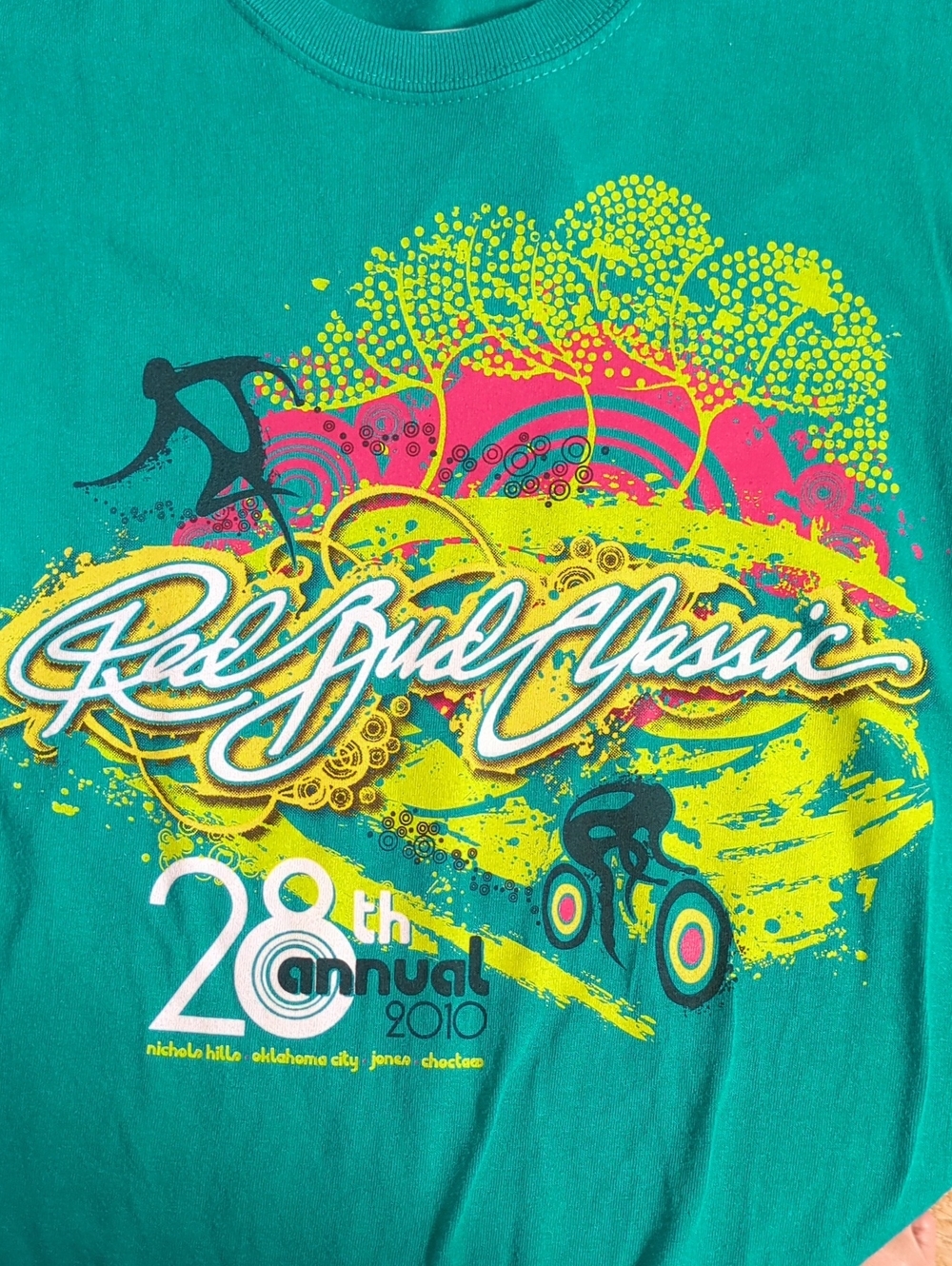 Red Bud Classic Short Sleeve Tee with Neon Runny & Bike Graphic Size M